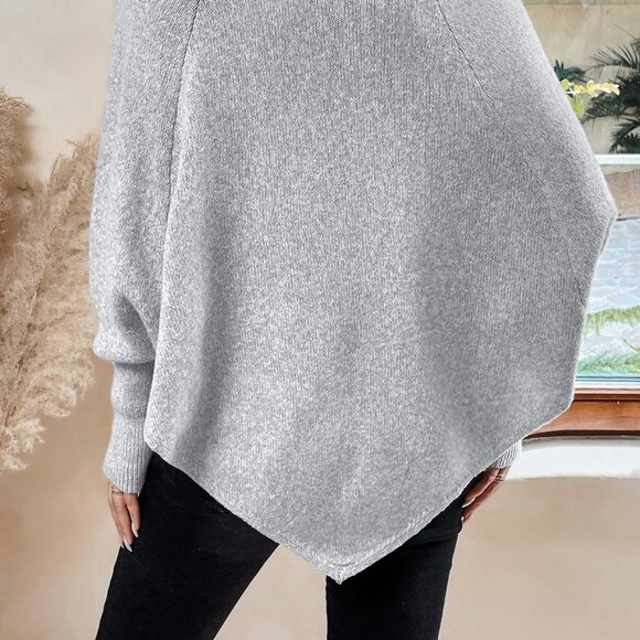 Light Grey Casual Women's High Neck Batwing Sleeve Sweater With Asymmetrical Hem - Picture 2 of 7